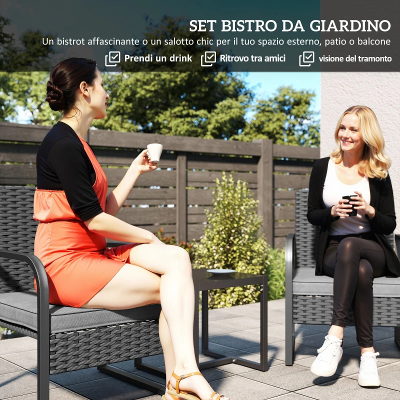 Outsunny Salotto da Giardino in Rattan con 2 Poltrone da Esterno e Tavolino con Piano in Vetro, Nero