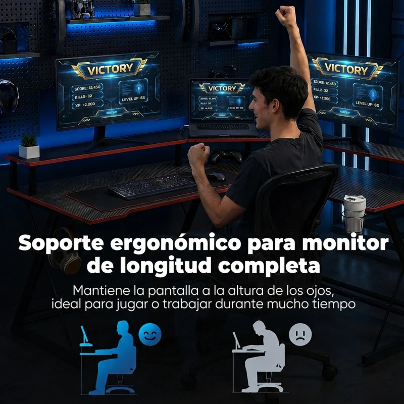 HOMCOM Mesa Gaming Esquinero con Enchufes en Forma de L 128x128 cm con Soporte para Monitor Gancho y Portavasos Negro