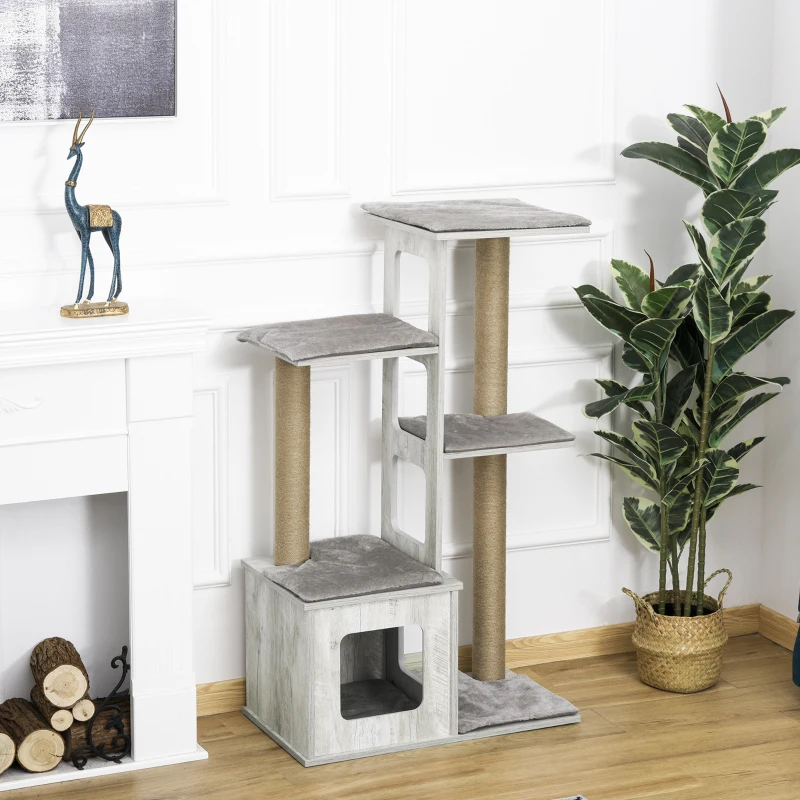 PawHut Arbre à chats design contemporain griffoirs grattoirs sisal naturel niche plate-formes 6 coussins MDF bois gris