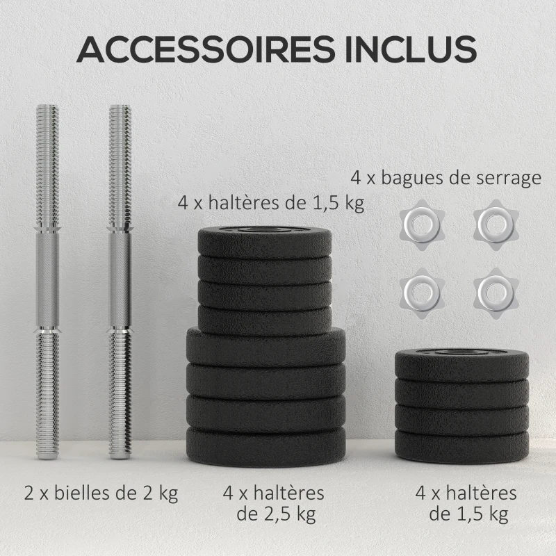 HOMCOM Ensemble d'haltères courtes total 25 kg dumbbell paires poids réglable - barres incluses acier polyuréthane noir