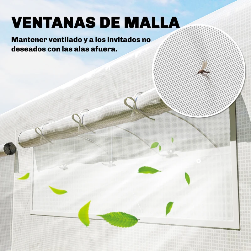 Outsunny Invernadero de Túnel 6x3x2 m con 3 Puertas Enrollables 6 Ventanas de Malla y Estructura de Acero Galvanizado Blanco