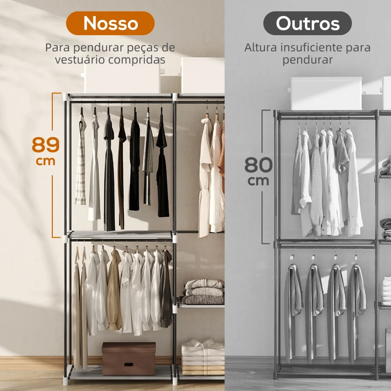 HOMCOM Armário de Roupa Aberto 142x43x185 cm Armário para Roupas com 4 Prateleiras de Tecido 3 Barras para Pendurar Cinzento