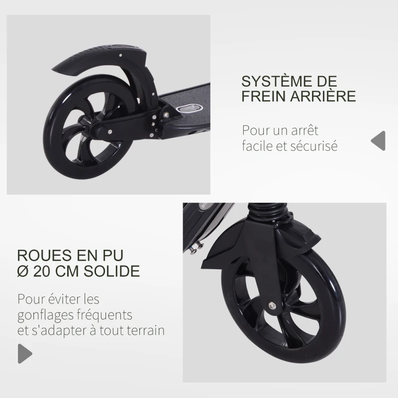 HOMCOM Trottinette pliable pour adultes adolescents à partir 14 ans hauteur guidon réglable double système d'absorption des chocs roues PU alu dim. 94 x 38 x 95-105 cm noir
