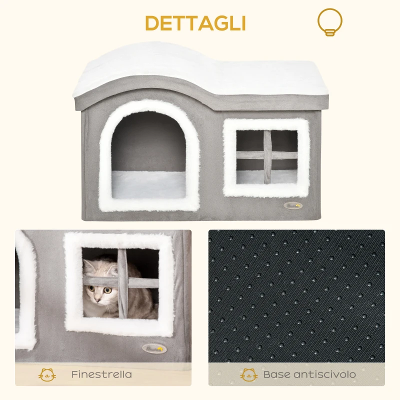 Pawhut Casetta per Gatti da Interno con 2 Entrate, Finestra e Base Antiscivolo, 63.5x37x40cm, Grigio