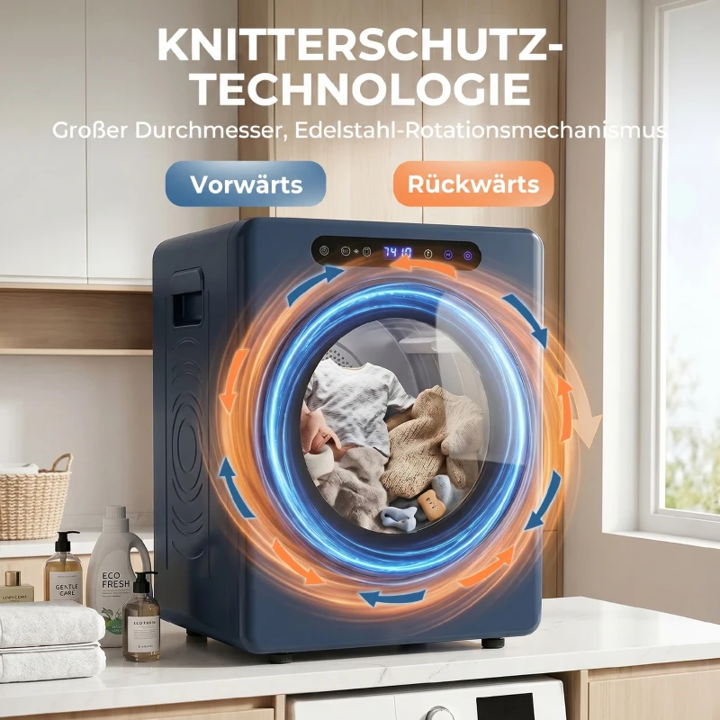 HOMCOM 5kg Ablufttrockner, 1000W Kompakter freistehender Frontlader-Wäschetrockner mit Edelstahltrommel, Timer, Blau