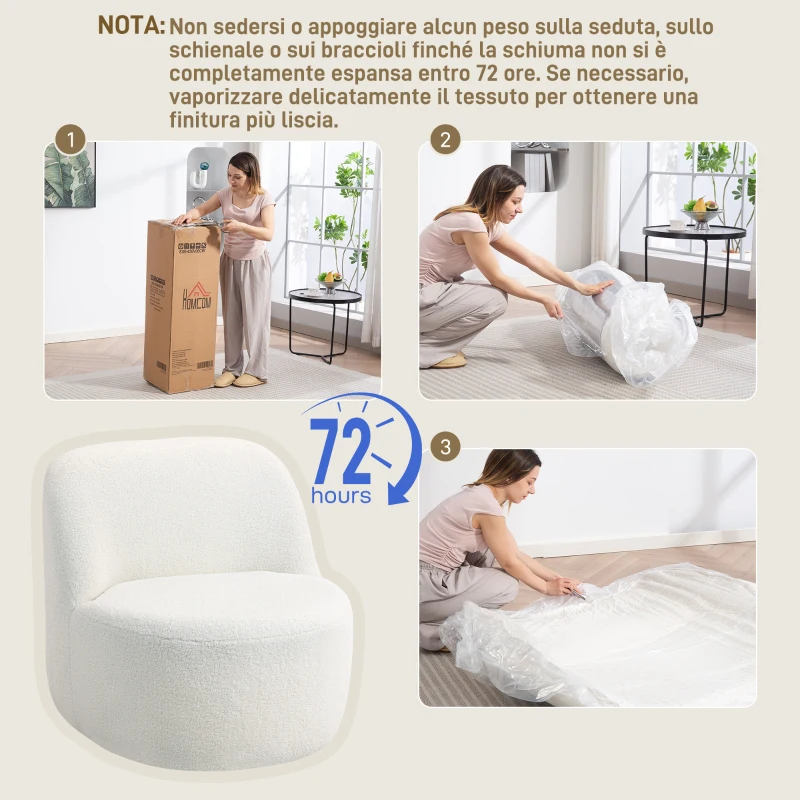 HOMCOM Poltrona per Salotto con Schienale Ergonomico in Tessuto Sherpa e Schiuma, 73x82x71 cm, Bianco Crema