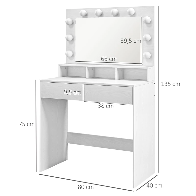 HOMCOM Kaptafel met verlichte spiegel, Laden, 3 Lichtopties, 10 Gloeilampen, Moderne Kaptafel in Wit(m-3)
