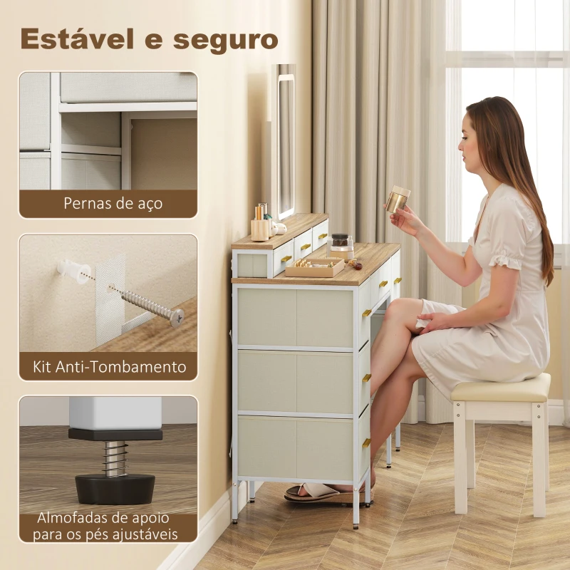 HOMCOM Toucador com Luzes LED de 3 Cores Espelho 10 Gavetas de Tecido e Pés em Aço 118,5x39,5x140 cm Madeira