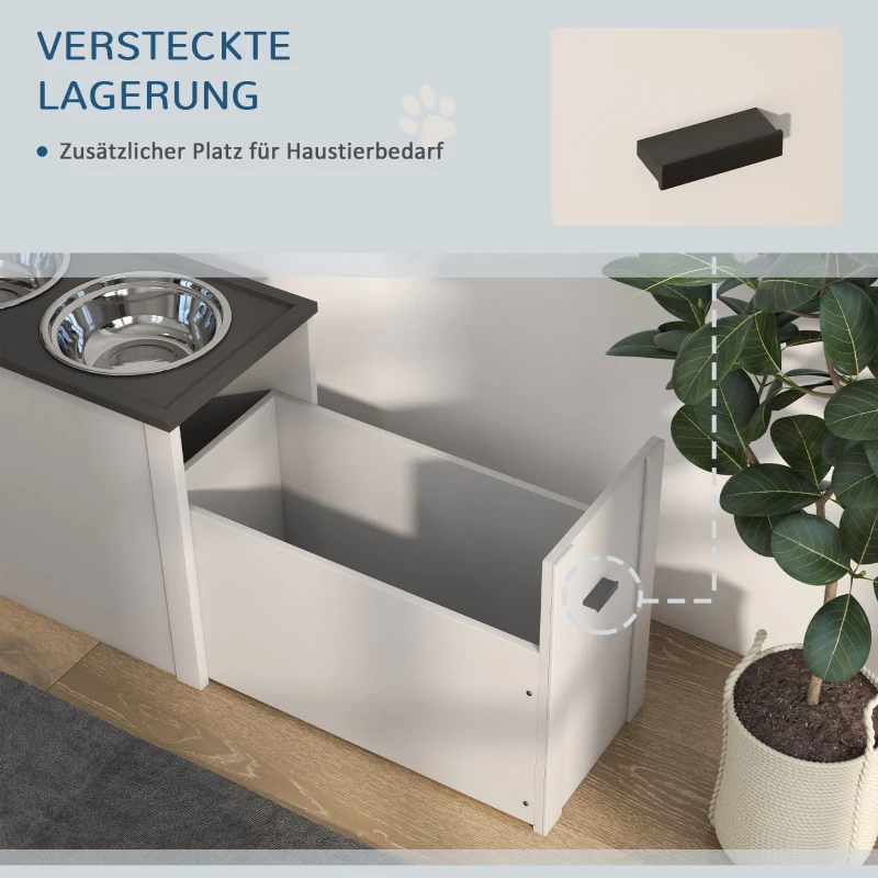 PawHut Futterstation Erhöhte Fressnäpfe 1 Stauraum 2 Edelstahl-Futternäpfe, 60 x 30 x 42cm, Weiß + Grau