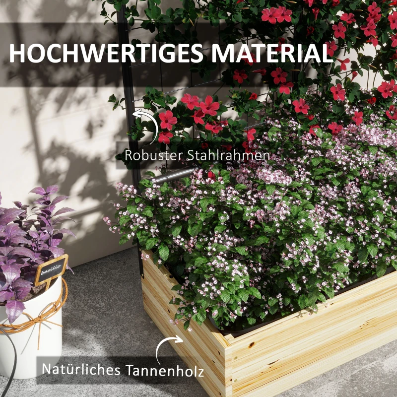 Outsunny Houten verhoogde plantenbak met klimrek, voering van vliesstof, natuurlijk hout, staal, 80x38x145 cm, zwart