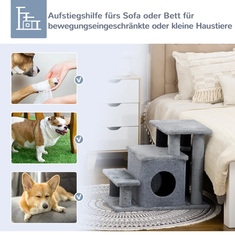 PawHut Pet Stairs 3/4 Step Dog Ramp Met Slaapgrot Cat Stairs Grijs(m-7)