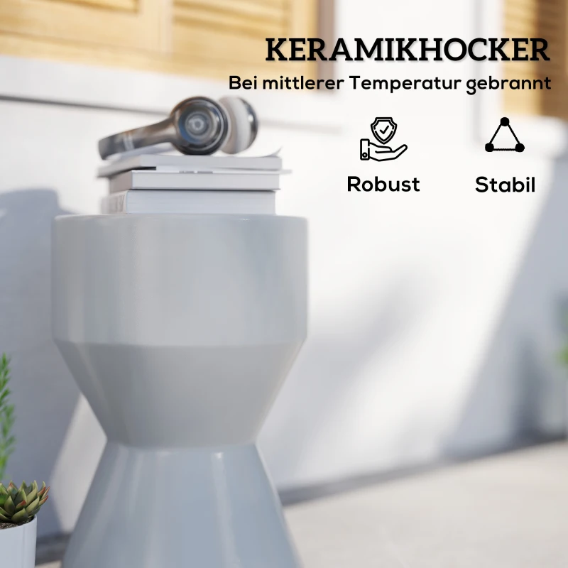 Outsunny Keramische Tuinkruk 120kg Belastbaar Ø33 x 45,5 cm Weerbestendige Tuin Kruk in Zandlopervorm Lichtgrijs