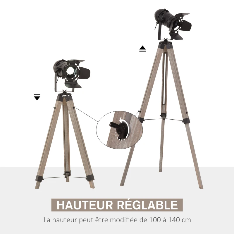 HOMCOM Lampadaire trépied style industriel hauteur réglable H100-140 cm noir