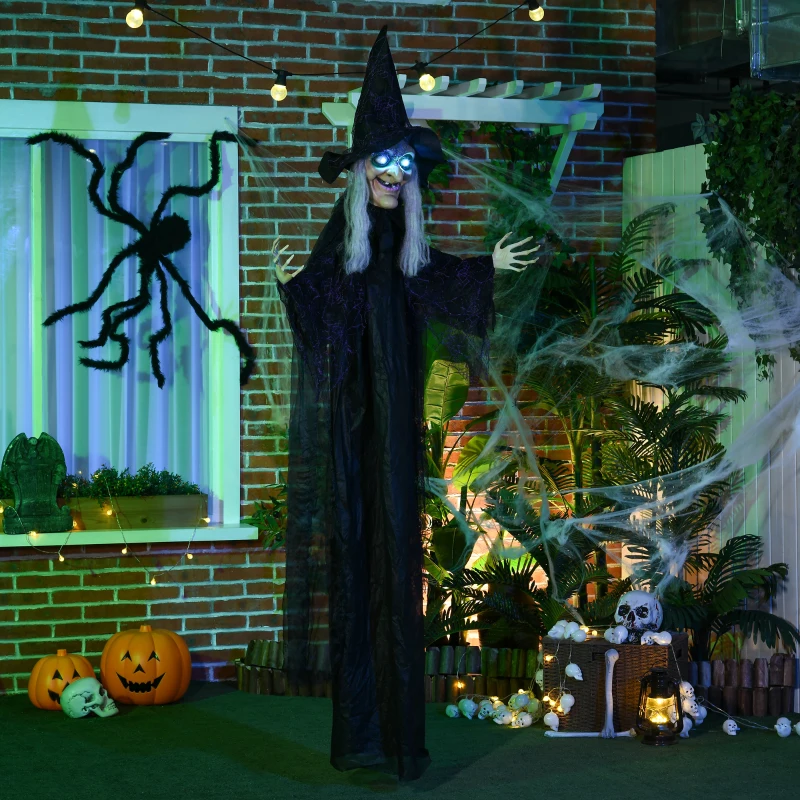 HOMCOM 6ft Outdoor Halloween Decoration Witch, Hanging Witch Prop Life Size with Sound and Motion Activated, Light Up Eyes, Talking Sound, Posable Arms