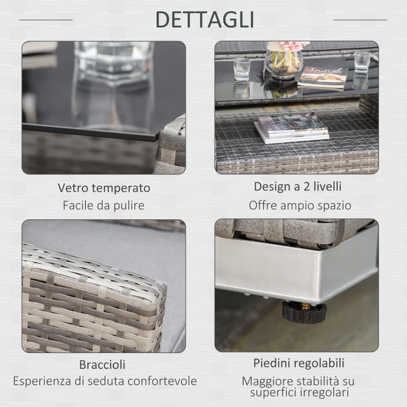 Outsunny Set Salotto da Giardino in Rattan PE con Divano 3 Posti, 2 Poltrone e Tavolino con Vetro, Grigio