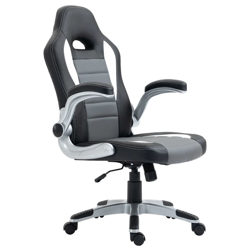 HOMCOM Racing Office Chair PU Leather Computer Desk Chair Gaming Style with Wheels, Flip-Up Armrest, Grey