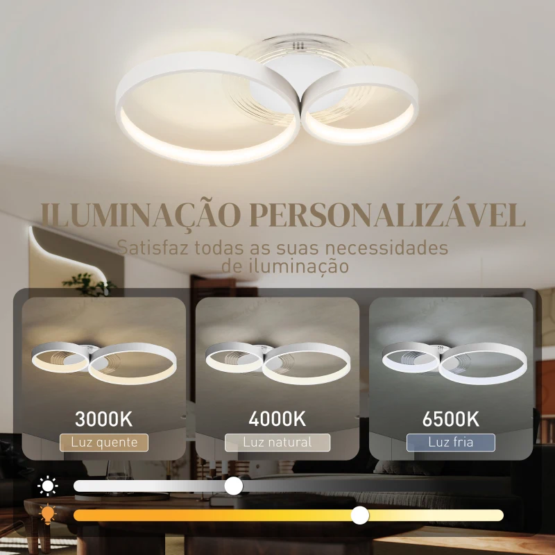 HOMCOM Candeeiro de Teto LED 40W Candeeiro Moderno com Iluminação LED 3000K/4000K/6500K 59x38x7,4 cm Branco