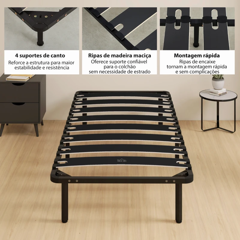 HOMCOM Estrutura de Cama 90x190 cm de Aço com Espaço de Armazenamento em Madeira de Álamo Capacidade 300 kg Preto