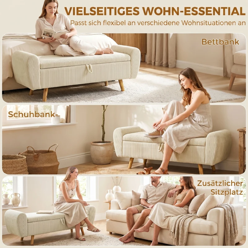 HOMCOM Opbergbank met Corduroy Bekleding, Houten Poten en Gerolde Armleuningen, Beige