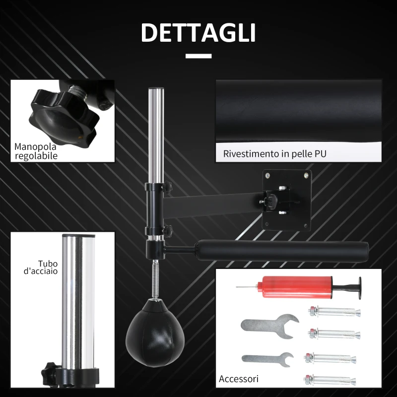 HOMCOM Speed Bag a Parete per Boxe e MMA ad Altezza Regolabile con Asta, in Acciaio e PU, 79x72x20 cm, Nero