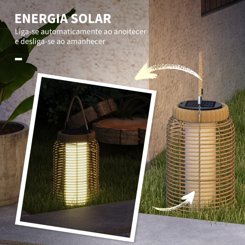 Outsunny Lanterna Decorativa de Vime Lanterna Solar de Exterior com Painel Solar Luzes LED Ligação Automática Ø18x37 cm Preto e Areia