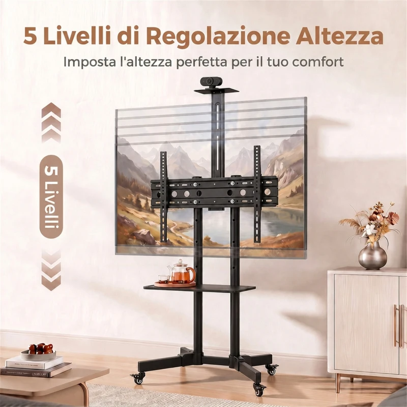 HOMCOM Supporto TV da Pavimento da 32-75 Pollici con Ruote a Freno, Altezza Regolabile, Inclinazione 15°, Nero
