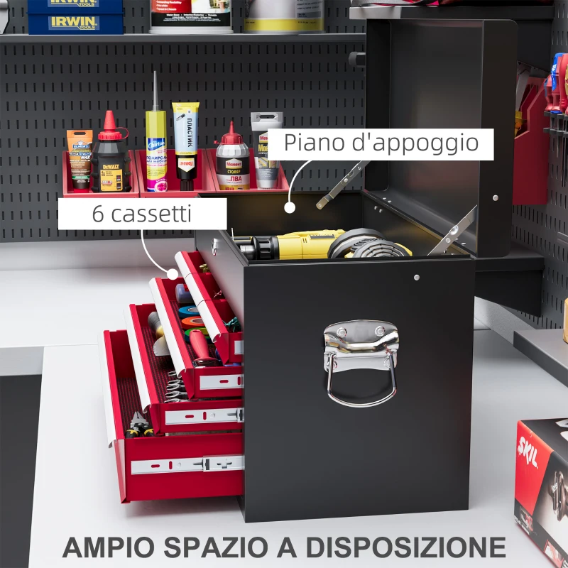 HOMCOM Cassetta per Attrezzi a 6 Cassetti in Acciaio con Serratura, 60x26x34cm, Nero e Rosso