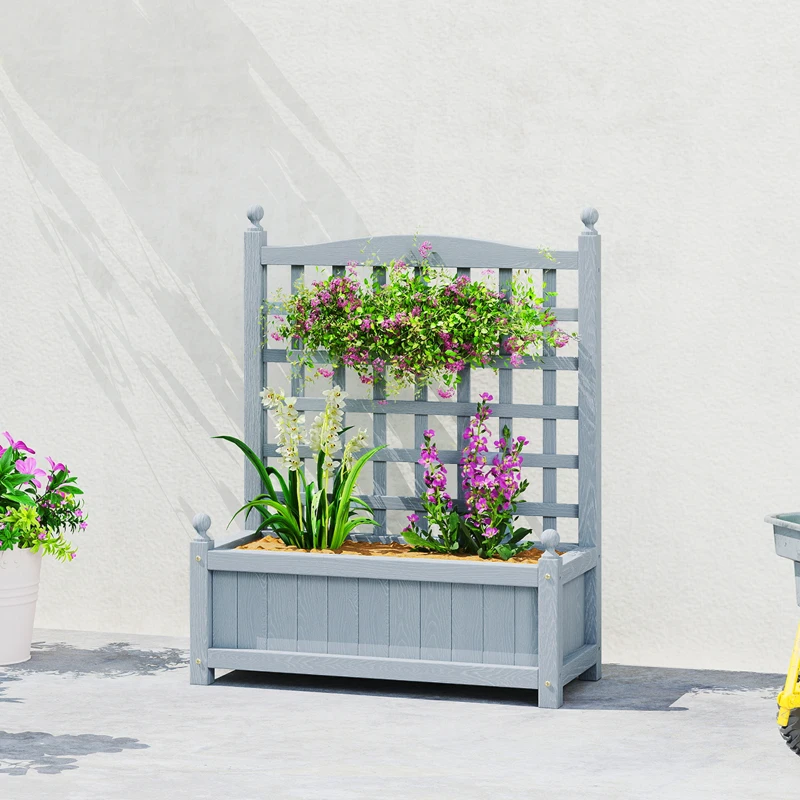 Outsunny Garden Planters with Trellis for Climbing Vines, Wood Raised Beds for Garden, Flower Pot, Indoor Outdoor, Grey