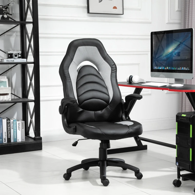 Vinsetto Gamingstuhl mit Wippfunktion höhenverstellbarer Bürostuhl ergonomischer Schreibtischstuhl Home-Office Schaumstoff Kunstleder Nylon Mesh Grau 64 x 68,5 x 117-127 cm