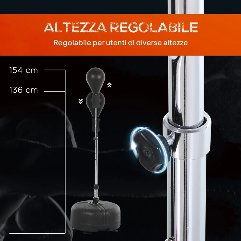 HOMCOM Punching Ball da Terra, Sacco da Boxe da Terra con Base Riempibile, Ventose e Guantoni, Altezza Regolabile 4 Livelli da 136-154 cm, Speed Bag per Home Gym Casa e Palestra, Nero