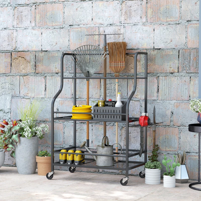 Outsunny Gartenwerkzeug-Organizer 3-stufig Gartengeräte Ständer mit Haken bis 40 kg belast 77x40x97cm Schwarz