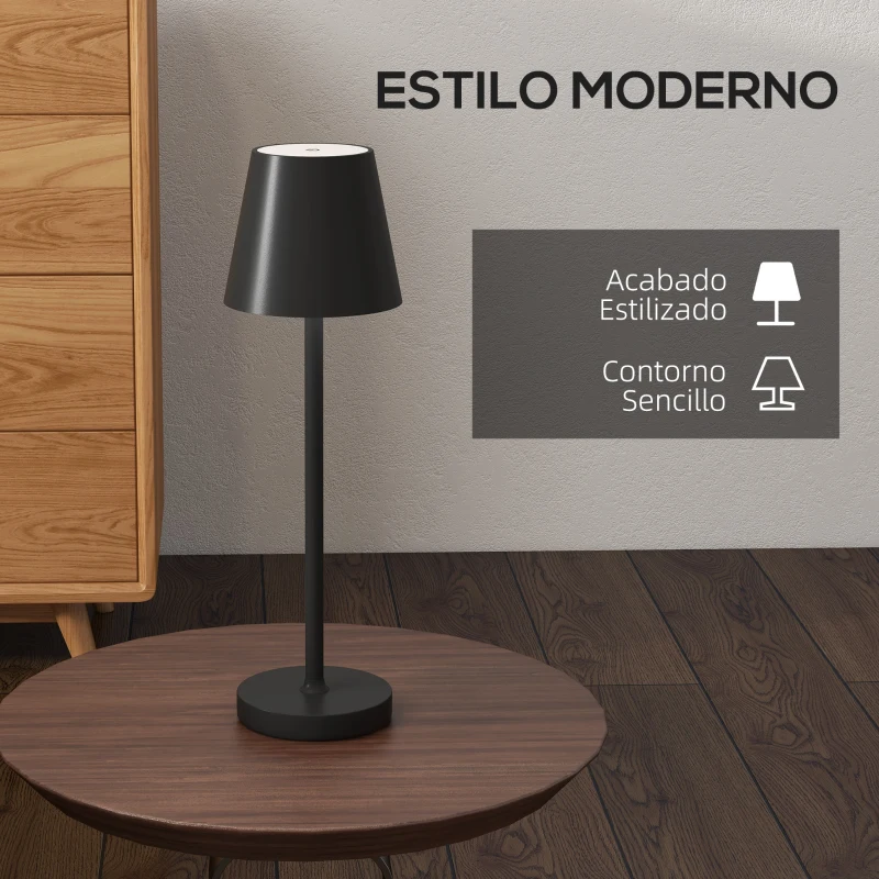 HOMCOM Lámpara de Mesita de Noche Inalámbrica con Luces LED Lámpara de Mesa USB-C Recargable 3 Colores Ø11,2x36,5 cm Negro