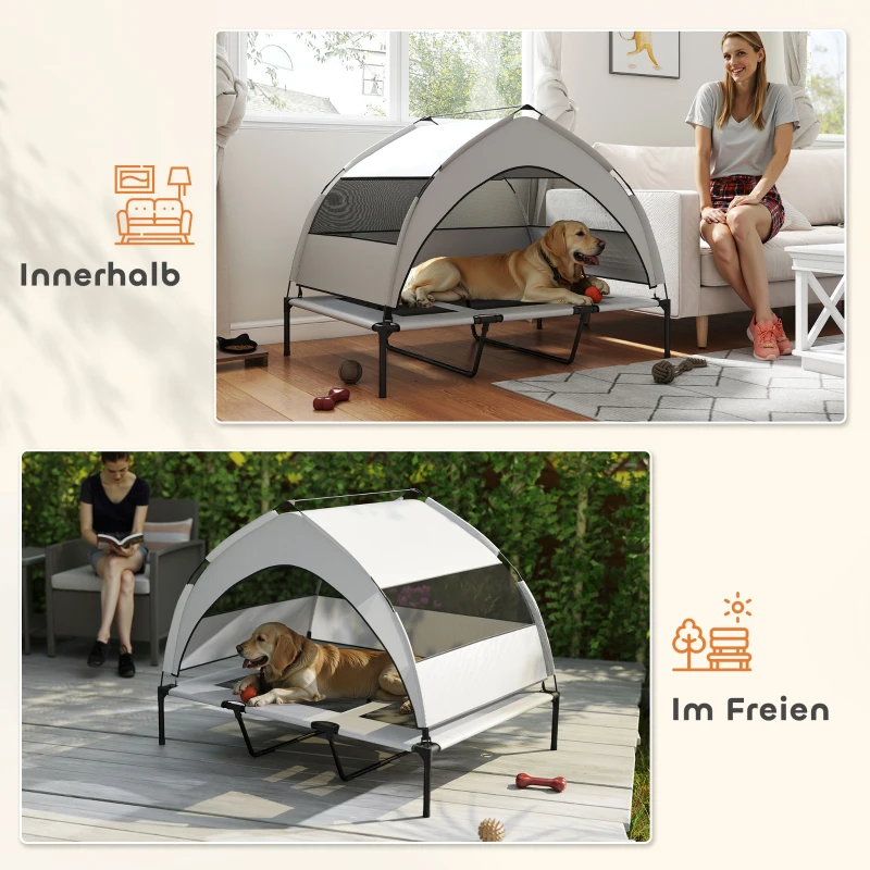 PawHut Hondenbed Outdoor met Dak, Verhoogd Hondenbed voor Extra Grote Honden, met Stalen Frame, 122x92x94cm, Lichtgrijs