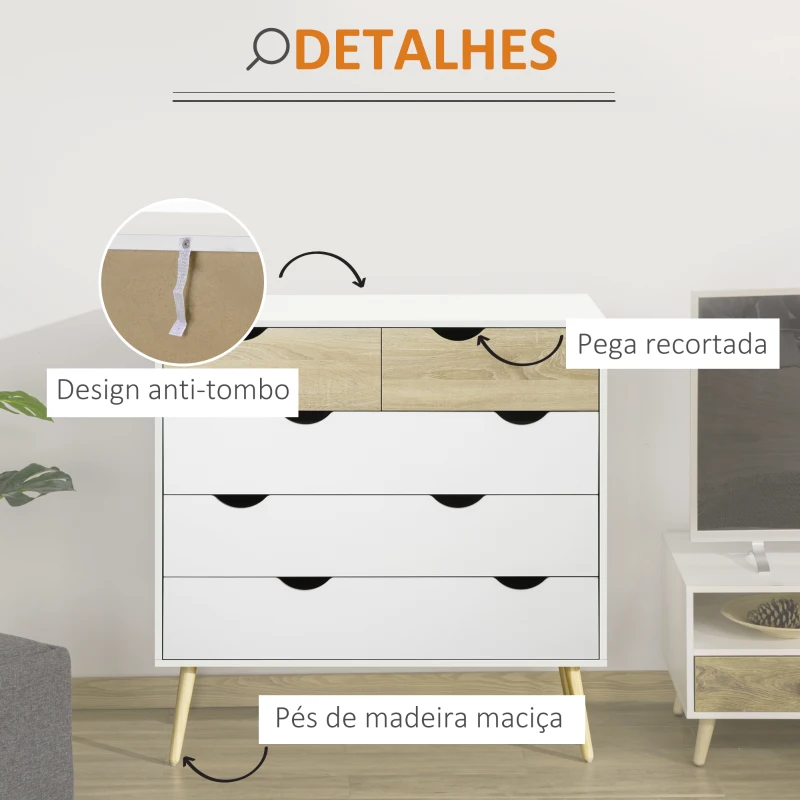 HOMCOM Cómoda com 5 Gavetas Cómoda de Quarto com Pés de Madeira Estilo Nórdico 99x39x101 cm Branco e Carvalho