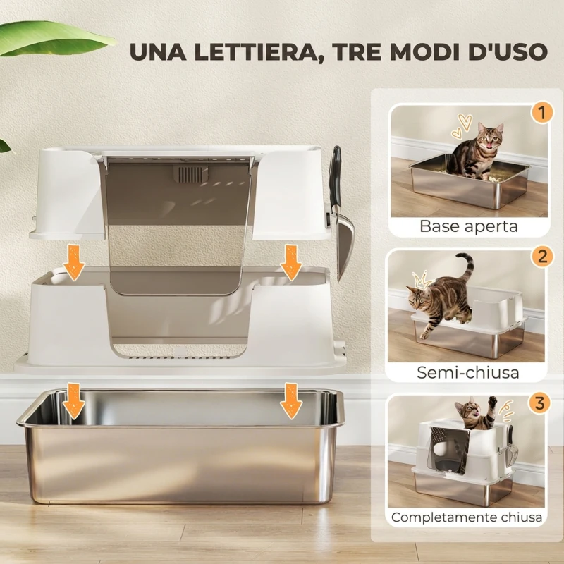 PawHut Lettiera Gatto Chiusa XL in Acciaio Inox con Coperchio, Paletta, Pareti Alte, Doppio Ingresso, Grigio Chiaro