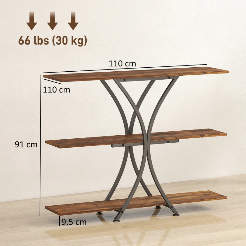 HOMCOM Mesa Consola de 3 Níveis Estilo Industrial com 2 Prateleiras Abertas e Estrutura Metálica em X Consola Estreita 110x30x91 cm Castanho Rústico