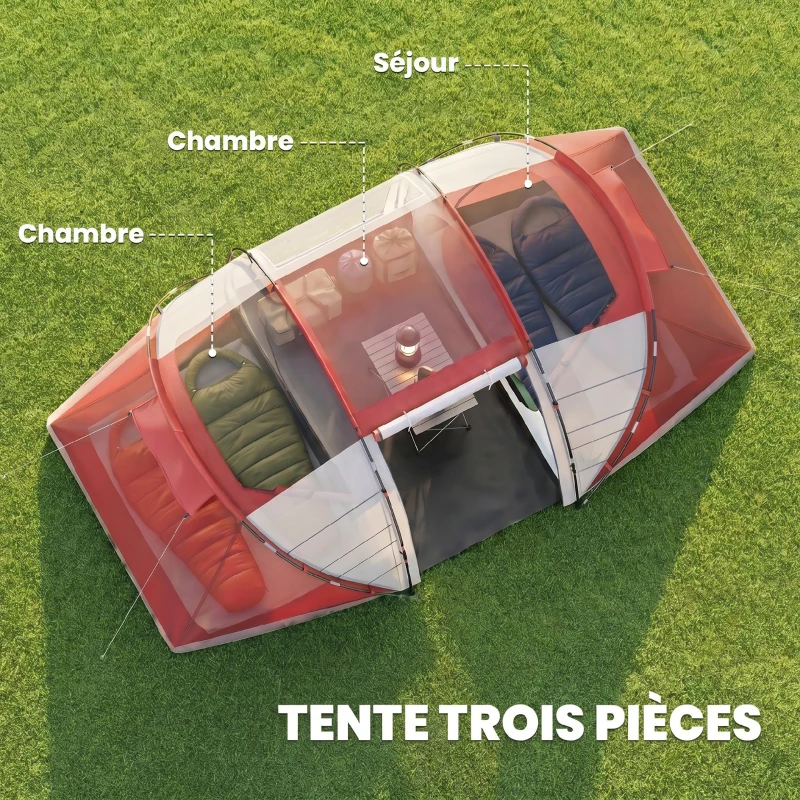 Outsunny Tente de camping familiale 4 personnes tente dôme étanche légère, ventilée 2 cabines fenêtre grande porte gris rouge