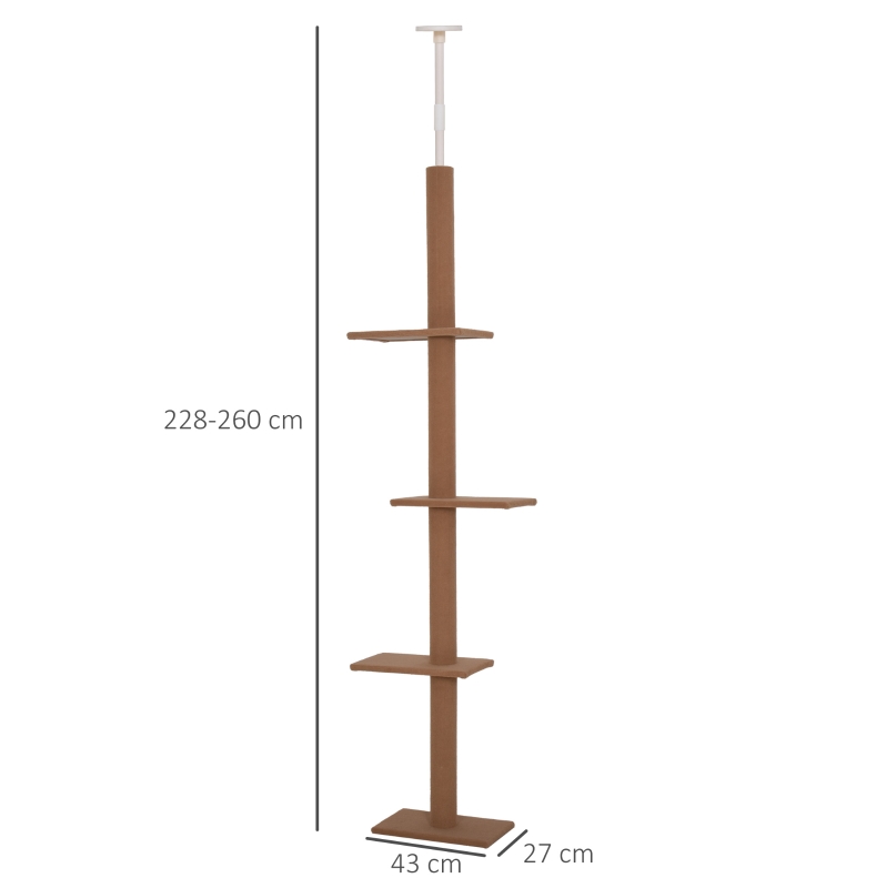 PawHut 260cm Floor To Ceiling Cat Tree for Indoor Cats w/ 3 Perches Flannel Upholstery Kitten Pet Rest Sleep Activity Tower Home Furniture Brown