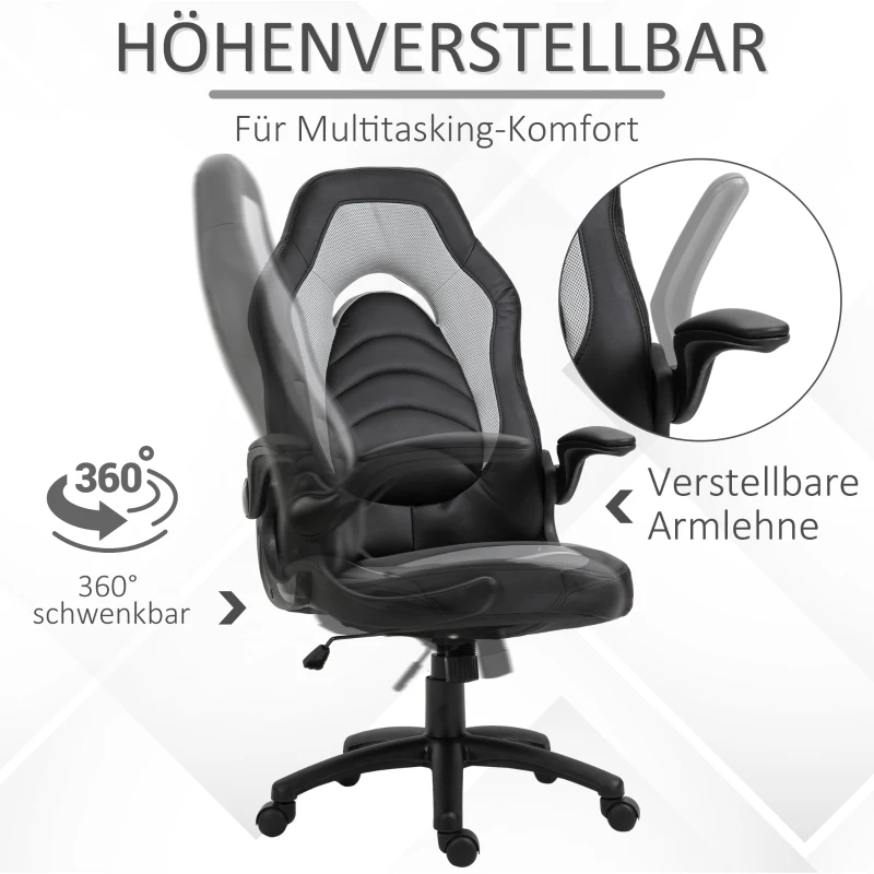 Vinsetto Gamingstuhl mit Wippfunktion höhenverstellbarer Bürostuhl ergonomischer Schreibtischstuhl Home-Office Schaumstoff Kunstleder Nylon Mesh Grau 64 x 68,5 x 117-127 cm