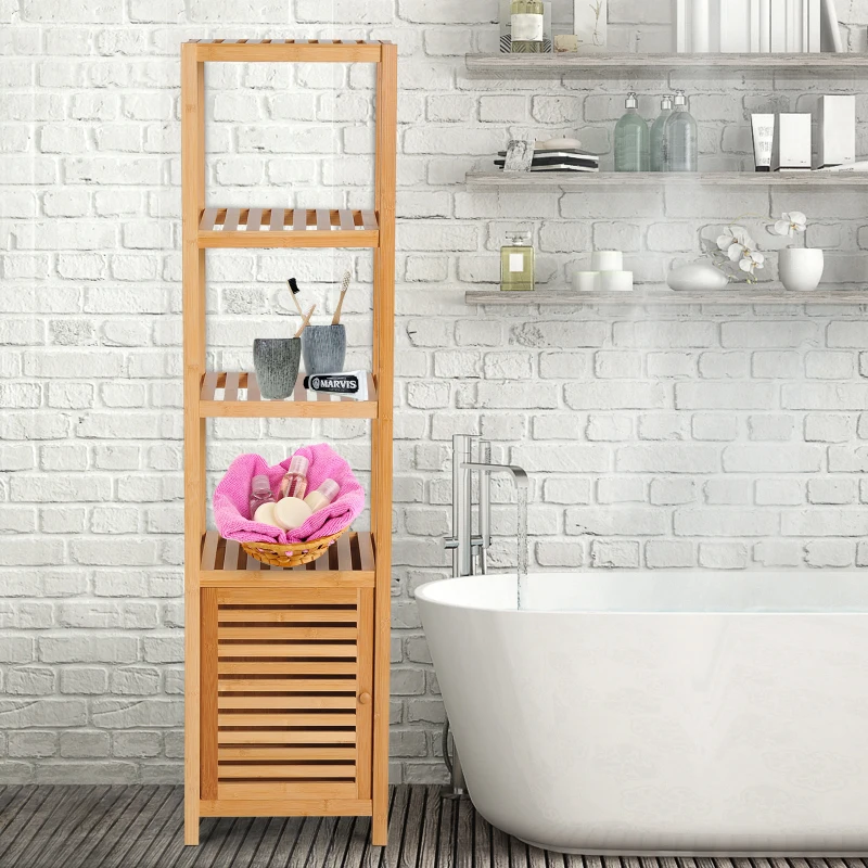 HOMCOM Estantería de Baño de Bambú Estantería de Almacenaje para Baño con 1 Puerta y 4 Estantes para Cocina Salón Dormitorio 33x36,5x140 cm Natural