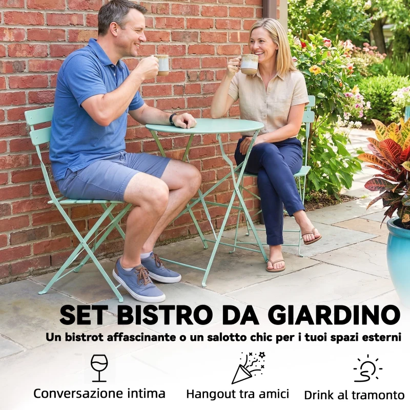 Outsunny Bistrò Set Giardino: Tavolo Rotondo e Sedie Pieghevoli per 2, Verde Chiaro.