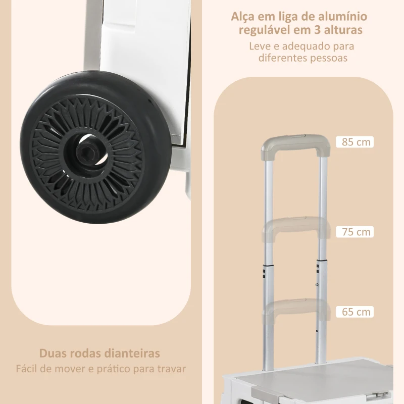 HOMCOM Carrinho de Armazenamento Dobrável Carrinho de Compras com 2 Rodas Capacidade 32L para Casa 41,5x32,5x85 cm Branco