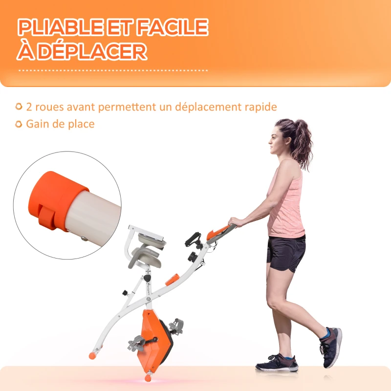 HOMCOM Vélo d'Appartement Pliable 4-en-1 - Ergomètre Magnétique Silencieux avec Cordes de Résistance - Sport Maison et Cardio-training avec Roulettes, Selle Confort et LCD (Max 120kg), Orange