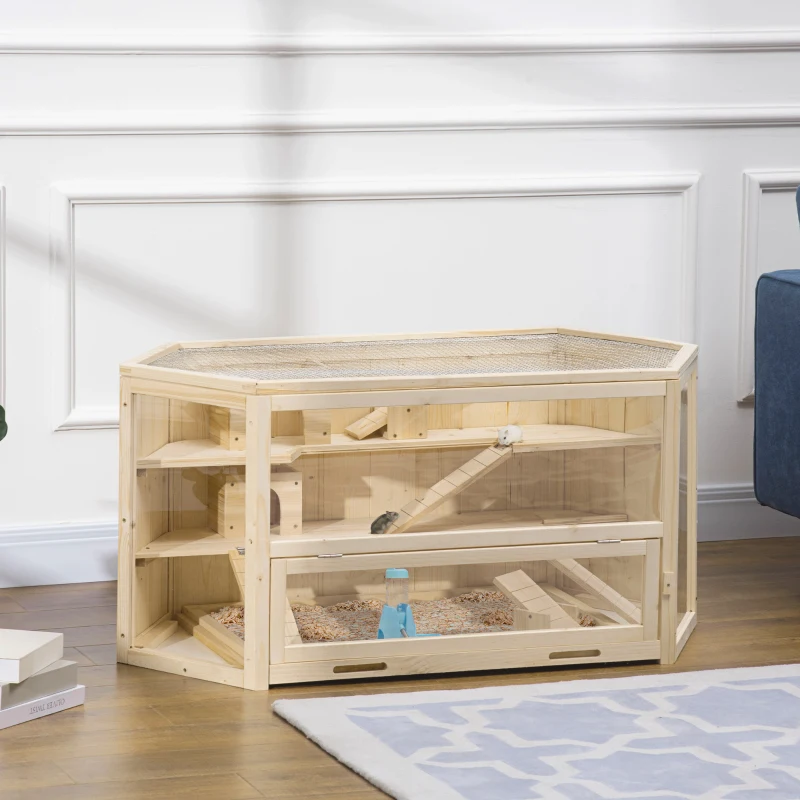PawHut Cage à hamster à 3 niveaux bascules, fenêtres, cabanes, plateau coulissant, 115 x 60 x 55 cm, effet bois naturel