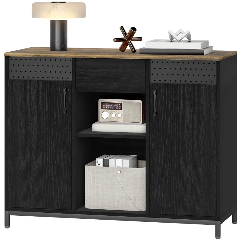 HOMCOM Aparador de 2 Portas com Orifícios 2 Compartimentos e Gaveta Prateleiras Ajustáveis 100x40x80 cm Preto e Castanho Rústico