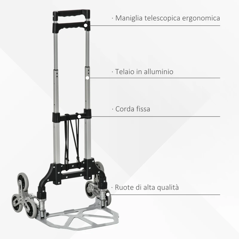 DURHAND Carrello Portapacchi Pieghevole a 6 Ruote max 70 kg con Fune e Maniglia Estraibile, 47x47x100 cm, Nero e Argento