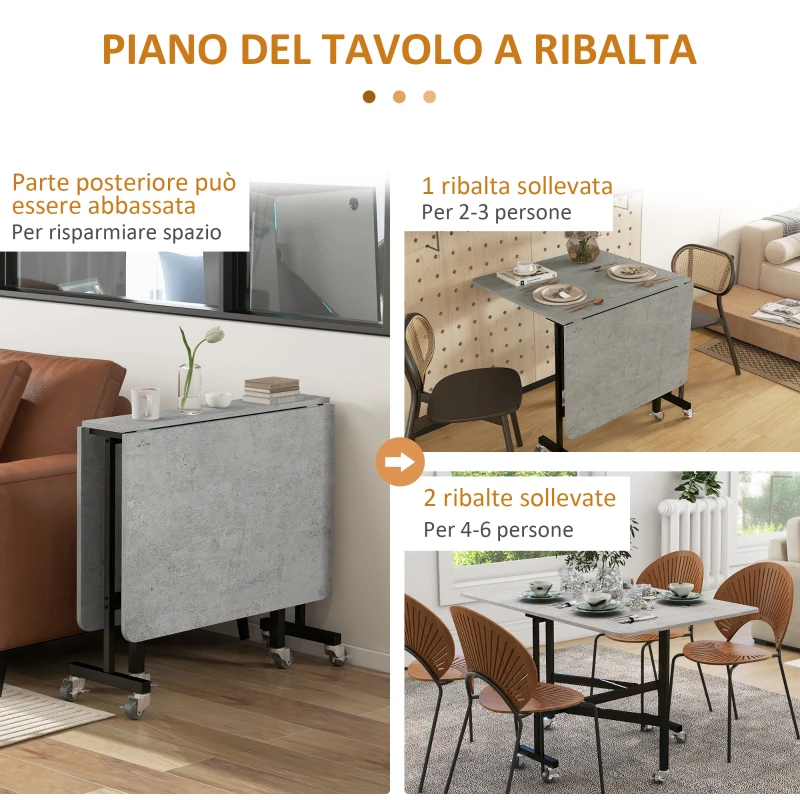 HOMCOM Tavolo Pieghevole a Ribalta per 4-6 Persone con 6 Rotelle, in Legno e Acciaio, 120x80x73 cm, Grigio