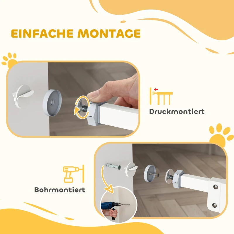 PawHut Deurhekje met Kattenluikje, Montage Zonder Boren, Variabele Breedte 74-80 cm, Met Één Hand Te Openen, Metaal, Wit