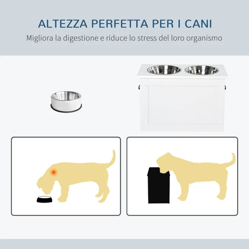 PawHut Ciotole Rialzate per Cani Grandi, Supporto in MDF con 2 Ciotole in Acciaio Inox, 60x30x41 cm, Bianco