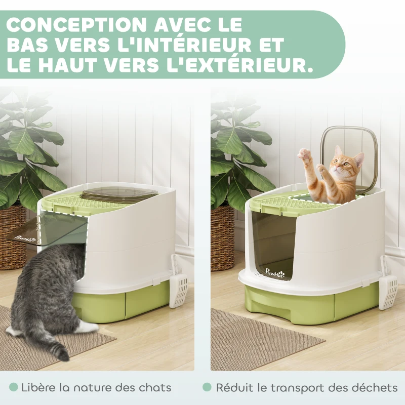 PawHut Maison de toilette pour chat bac à litière fermé chat avec porte translucide pelle incluse 40,5 x 52,5 x 42,5 cm vert